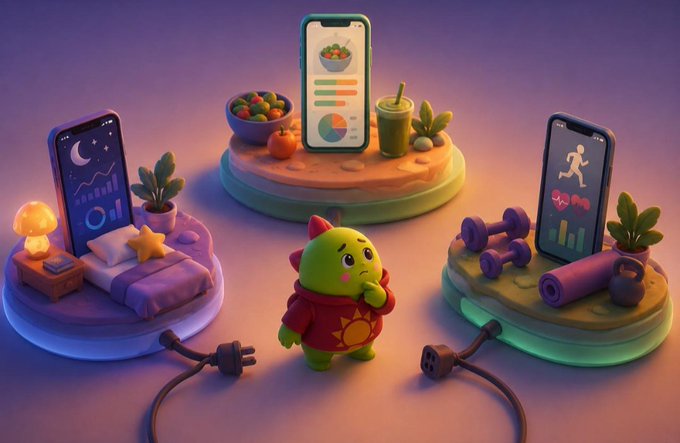 A 3D illustration featuring a green cartoon character in a red hoodie surrounded by three floating platforms displaying smartphones with fitness and nutrition apps, along with dumbbells, plants, and bedroom items.