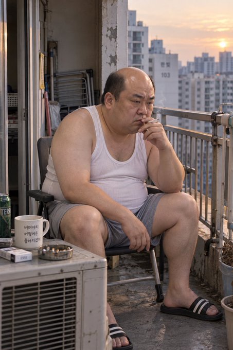 A man in a white tank top and grey shorts smokes on an apartment balcony at sunset, with a can of Terra beer and a mug nearby.