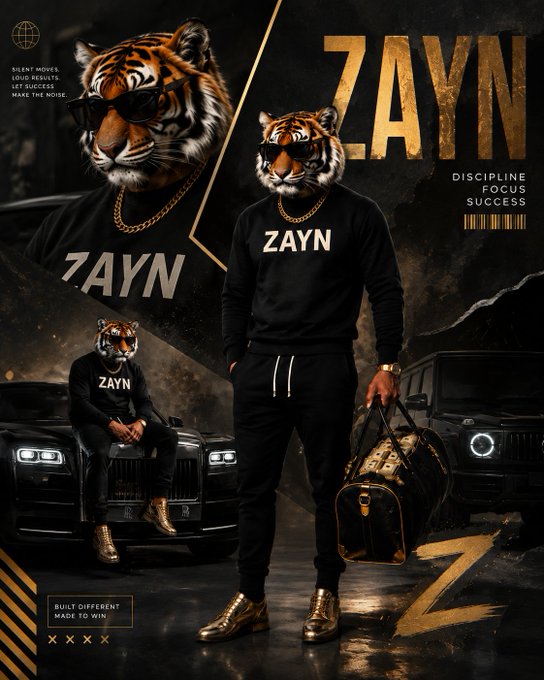 An AI-generated image of a tiger-headed figure in black sweatshirt and gold chains displaying the name 'ZAYN' alongside motivational text including 'DISCIPLINE FOCUS SUCCESS', 'SILENT MOVES LOUD RESULTS', and 'BUILT DIFFERENT MADE TO WIN'.