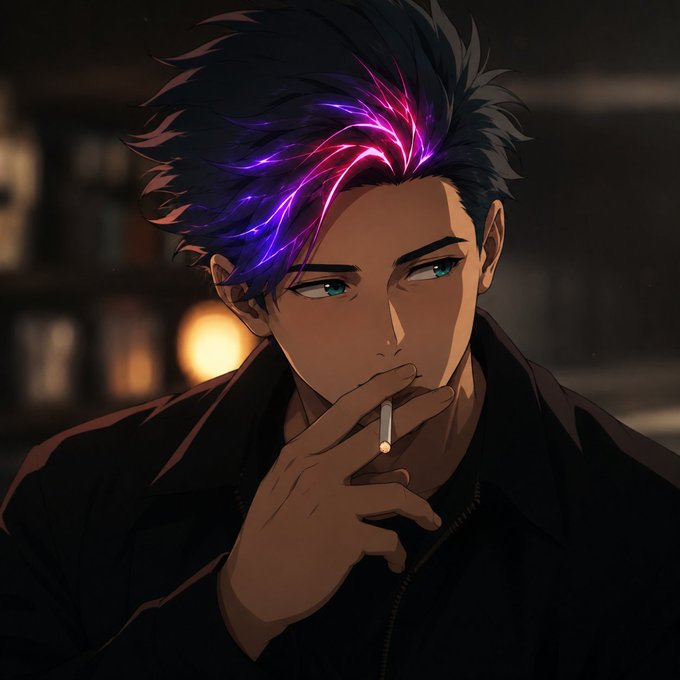 Anime-style digital artwork of a young man with dark hair featuring glowing purple and pink highlights, smoking a cigarette in a dimly lit setting.