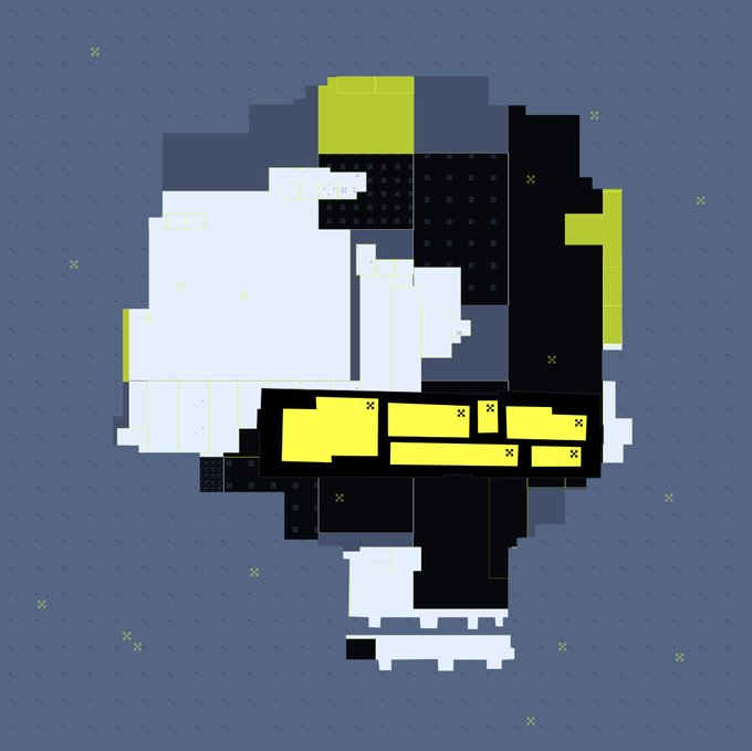 A pixel art image of a Darth Vader-like character with a yellow and black bandolier against a blue-gray background with small cross patterns.