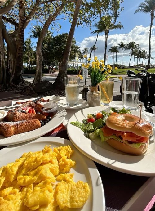 The image shows a table set up for a meal outdoors, featuring plates of food including eggs, sandwiches, and salads. There are also cups of water placed on the table. The scene appears to be taking place at a beachside restaurant or cafe, with palm trees in the background adding to the relaxed atmosphere. The post about quip networks and decentralized computing seems unrelated to the meal setting but is still present in the image.