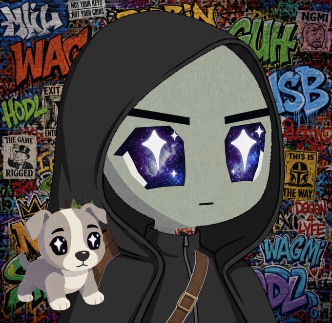 A hooded cartoon character with galaxy-filled star eyes stands in front of a graffiti-covered wall covered in crypto slang like "WAGMI," "HODL," "NGMI," and "The Game is Rigged," holding a small chibi dog. The cosmic, dreamy aesthetic paired with the graffiti-filled backdrop of crypto memes visually reinforces the post's theme of degens flipping between Hoodio and Retardio tokens in pursuit of moon gains.