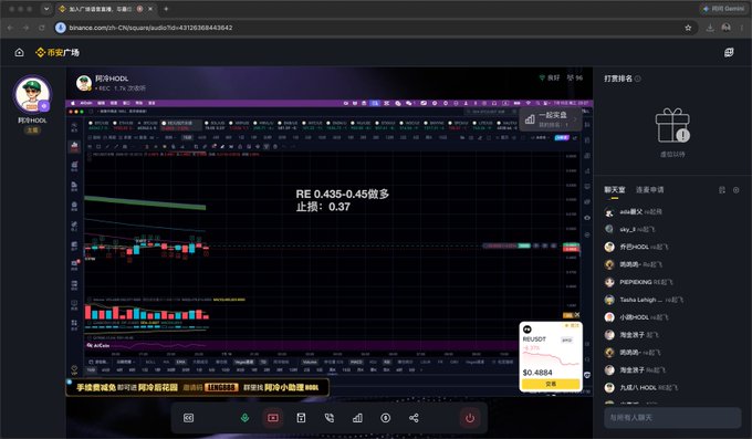 A live streaming interface shows a financial trading chart with Chinese text including "RE 0.435-0.45 较多" and "止损：0.37", displayed on a Binance URL.