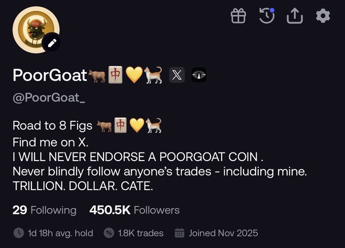 The image shows the X profile page of "PoorGoat" (@PoorGoat_), a crypto trading account with 450.5K followers, 1.8K trades, and an average hold time of 1 day 18 hours, featuring emojis of a goat, Chinese character, heart, and dog. The profile bio references "TRILLION. DOLLAR. CATE." which connects to the accompanying post celebrating the significant follower growth and increased exposure for the CATE token through the trading community.