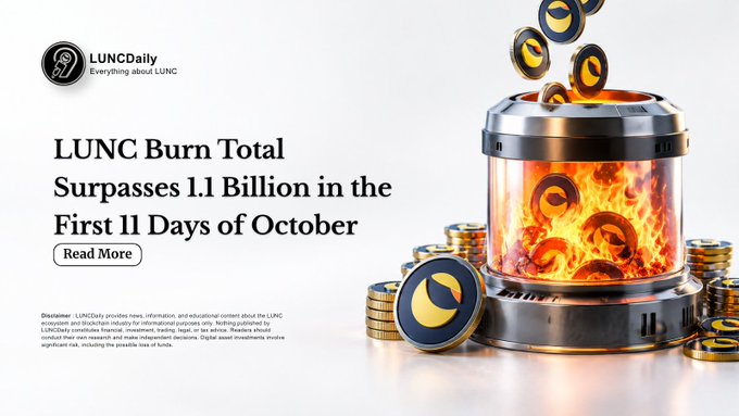A promotional graphic for LUNCDaily reading 'LUNC Burn Total Surpasses 1.1 Billion in the First 11 Days of October' next to a flaming incinerator burning LUNC tokens.