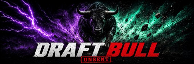 A dark, dramatic graphic featuring a charging bull rendered in striking red and white tones, with bold "DRAFT BULL" text and an "UNSENT" stamp beneath, promoting the giveaway of 50,000,000 $DRAFTBULL tokens to 250 retweeters sharing their $SOL wallets.