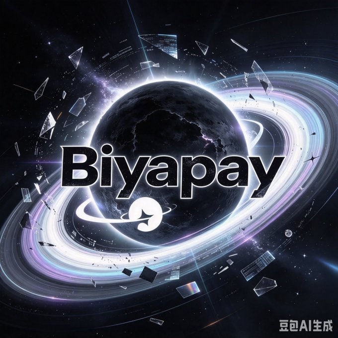 A cosmic-themed digital graphic featuring a dark planet encircled by glowing rings, with shattered glass-like fragments and the stylized text 'Biyapay 9' overlaid in white. Watermark text '豆包AI生成' appears in the bottom right corner.
