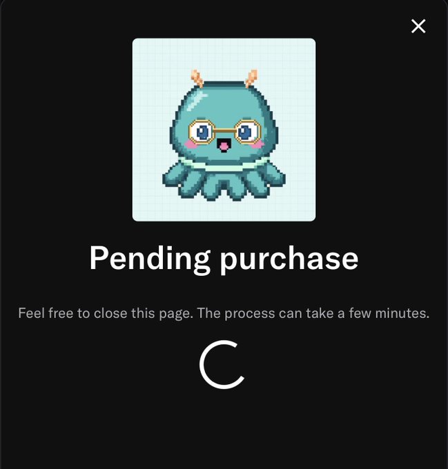 A digital pop-up window showing a pixel art blue creature character with the text 'Pending purchase' and 'Feel free to close this page. The process can take a few minutes.' above a loading icon.