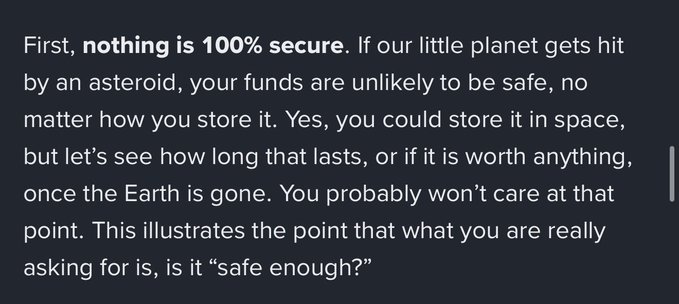 The image shows a text excerpt with the opening line "First, **nothing is 100% secure**," discussing hypothetical disaster scenarios like asteroids and questioning what "safe enough" truly means—likely from an article about cryptocurrency seed phrase storage that the poster references in light of recent events.