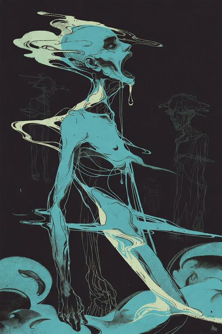 A stylized illustration of a blue, ghostly humanoid figure with a distorted screaming face, melting or dripping features, and faint outlined companions in the background against a dark canvas.