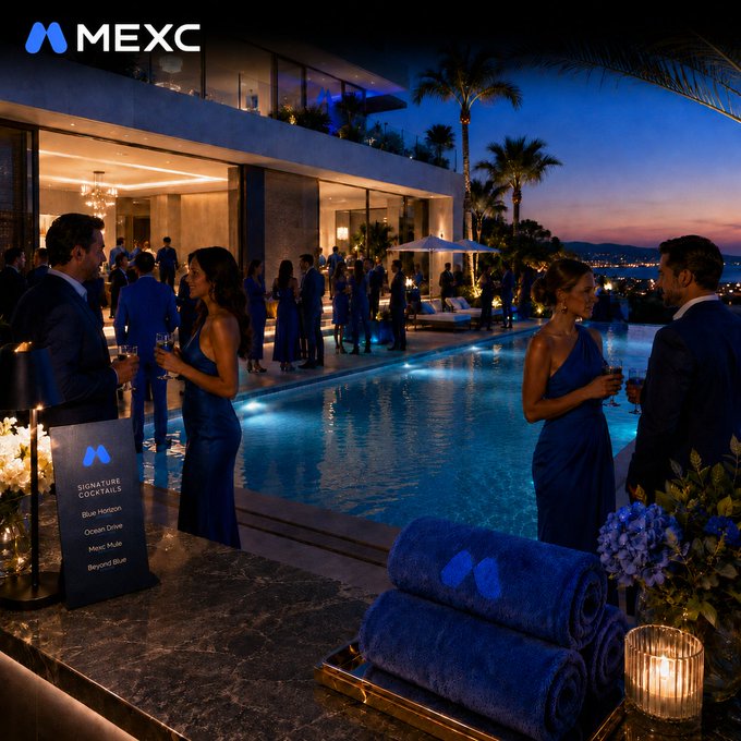 The image shows a group of people dressed up at an event, standing around a pool area with blue towels and candles. There are several people wearing blue dresses, indicating that they might be attending a formal gathering or party. The scene also includes a sign on a table near the pool, which has the word "MEXC" written on it. The participants in this image seem to be enjoying themselves at an event with a tropical theme, as evidenced by the presence of palm trees and other elements that suggest a warm climate setting.