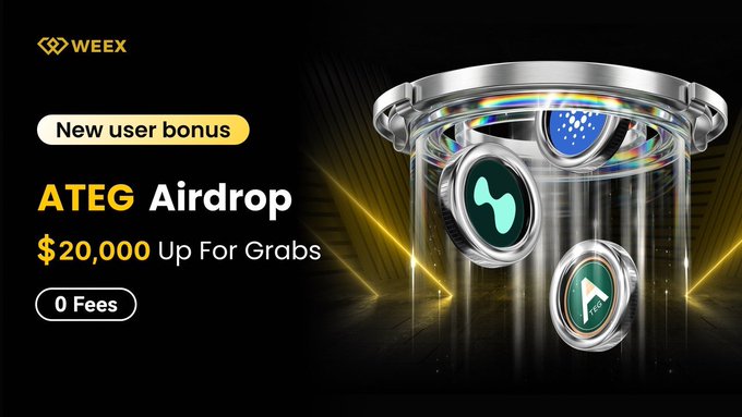 A promotional banner for WEEX cryptocurrency exchange advertising an 'ATEG Airdrop' with 'New user bonus,' '$20,000 Up For Grabs,' and '0 Fees,' featuring 3D coin graphics.