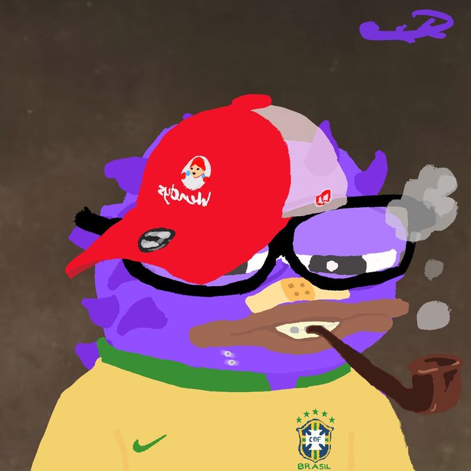 A purple character with a red baseball cap, glasses, smoking a pipe, wearing a yellow Brazil CBF jersey.