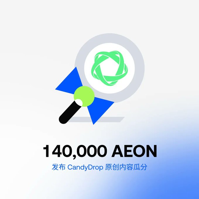 A graphic rewards banner displays **140,000 AEON** for publishing "CandyDrop" original content, featuring a stylized magnifying glass and abstract logo in blue and green.

The image serves as a promotional reward graphic for the AEON CandyDrop event, highlighting the 140,000 AEON token incentive for creating original content—contrasting the poster's initial skepticism about the "routines" of typical referral-based airdrops by showcasing a structured content-creation reward.