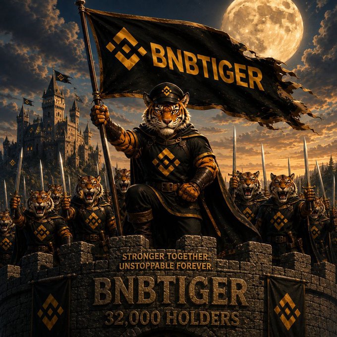 A fantasy illustration promoting 'BNBTIGER' with anthropomorphic tiger warriors holding a flag with the BNB logo, standing on a castle wall under a full moon, with text reading 'STRONGER TOGETHER. UNSTOPPABLE FOREVER.' and '32,000 HOLDERS.'