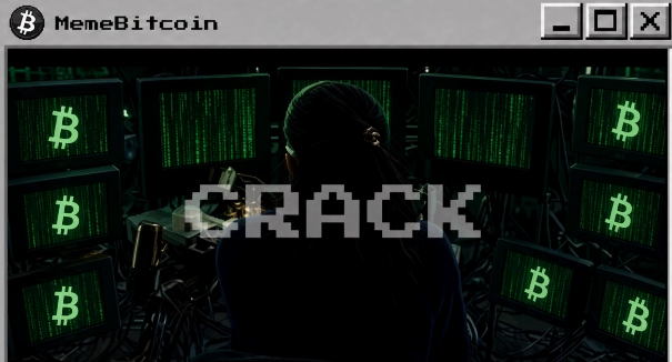 The image is a meme featuring a window titled "MemeBitcoin" with a hooded hacker figure surrounded by monitors displaying Bitcoin symbols and the word "CRACK," symbolizing the vulnerability of Satoshi's early coins. This visual ties to the post's warning that Satoshi's unmoved early coins remain on an exposed signing scheme, presenting a real (not meme) security concern in Bitcoin's history.
