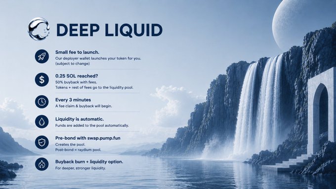 A promotional infographic for "DEEP LIQUID" featuring a serene waterfall landscape and listing six features, including small fees to launch, 0.25 SOL buyback triggers, automatic liquidity, and swap.pump.fun pre-bond integration with contract address 2u9JkChGejNifC8yXfHAvYmgnB8LKq2DYVzBh2uFdeep, visually reinforcing the post's message about Raydium liquidity pool creation and automated fee distribution.