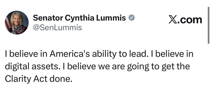 A screenshot of a post from Senator Cynthia Lummis (@SenLummis) stating, "I believe in America's ability to lead. I believe in digital assets. I believe we are going to get the Clarity Act done." The image supports the post's claim about the imminent passage of the CLARITY Act, with the senator's endorsement of digital assets reinforcing the bullish sentiment around $XRP.