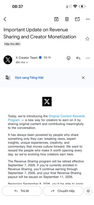 An email notification titled 'Important Update on Revenue Sharing and Creator Monetization' from the X Creator Team, discussing the Original Content Rewards Program.