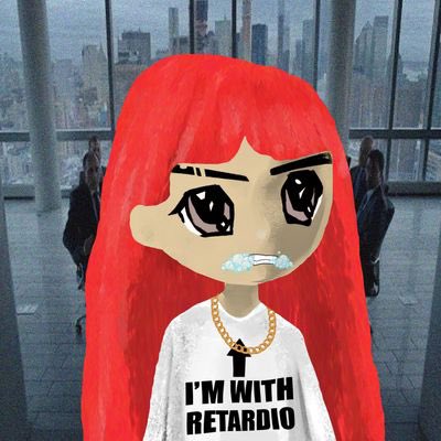 Digital artwork depicting a stylized figure with bright red hair wearing a white shirt reading 'I'M WITH RETARDIO', set against a backdrop of a modern building interior.