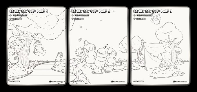 A three-panel black-and-white comic titled 'FAMILY DAY OUT' (Parts 1, 2, 3) illustrated by Chicu, depicting cute creatures having a picnic and camping together.