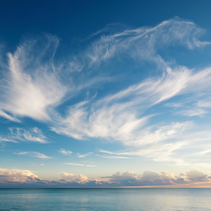 A serene seascape photograph captures wispy cirrus clouds spreading across a blue sky above a calm ocean with a thin band of clouds on the horizon.