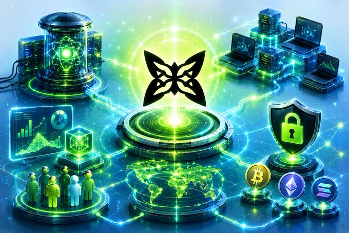 The image features an elaborate digital illustration that showcases a complex network of interconnected objects, including various types of technology like laptops, servers, and other computing equipment. The main focus of the image is a butterfly-shaped symbol surrounded by a green glow, which appears to be the center of attention in this technological landscape. The butterfly symbolizes the integration of real quantum hardware with everyday computers, creating a unified network that can solve complex problems instead of wasting time on meaningless puzzles.