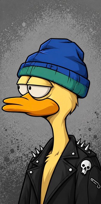 A digital illustration of a yellow duck character with a grumpy expression, wearing a blue and green striped beanie and a black studded leather jacket with a skull pin.