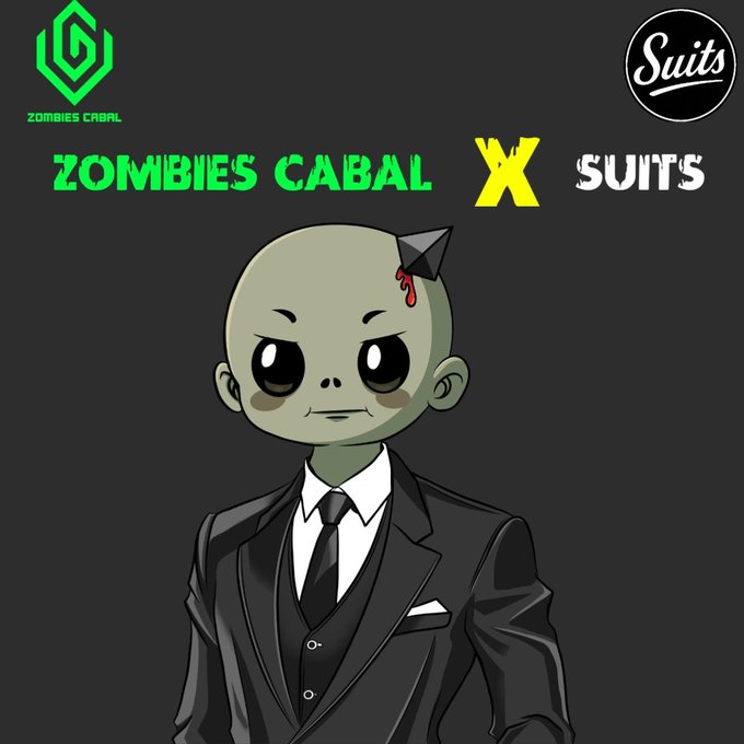 A collaboration banner for "ZOMBIES CABAL X SUITS," featuring a chibi-style zombie character in a black suit with a small object embedded in its head.