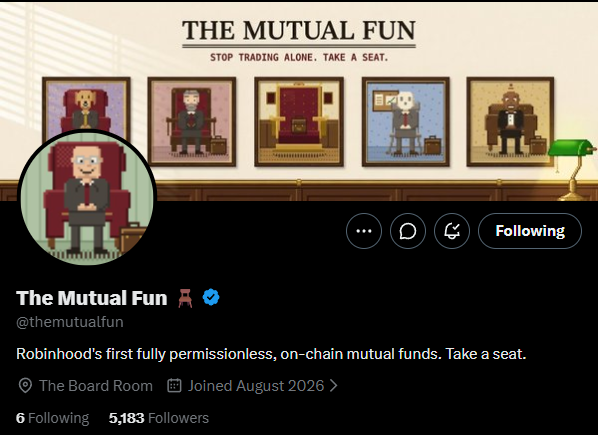 A Twitter profile for 'The Mutual Fun' (@themutualfun) shows a pixel art banner reading 'THE MUTUAL FUN - STOP TRADING ALONE. TAKE A SEAT.' and describes itself as 'Robinhood's first fully permissionless, on-chain mutual funds.'