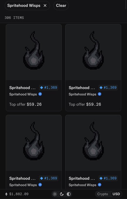 A screenshot of a NFT marketplace shows 306 Spritehood Wisps items available at #1,369, with top offers of $59.26 and a total portfolio value of $1,882.09 displayed in USD. The image illustrates the user's massive sweep of over 300 Spritehood NFTs, highlighting their commitment to the project despite the community criticism mentioned in the caption.