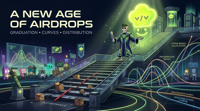 A futuristic neon illustration shows a graduate standing atop a staircase leading to a glowing "VIV" cloud character, with the headline "A NEW AGE OF AIRDROPS - GRADUATION • CURVES • DISTRIBUTION" alongside labeled charts for "CURVE-BASED ALLOCATION," "PROGRESSION NODES," and "DISTRIBUTION CURVE," visually representing the concept of graduation airdrops explained in the post.