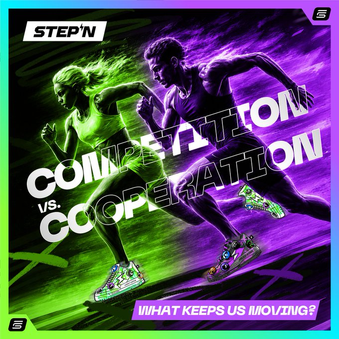 A promotional graphic for STEP'N featuring two runners bathed in neon green and purple light, with the text 'COMPETITION vs. COOPERATION' and 'WHAT KEEPS US MOVING?'