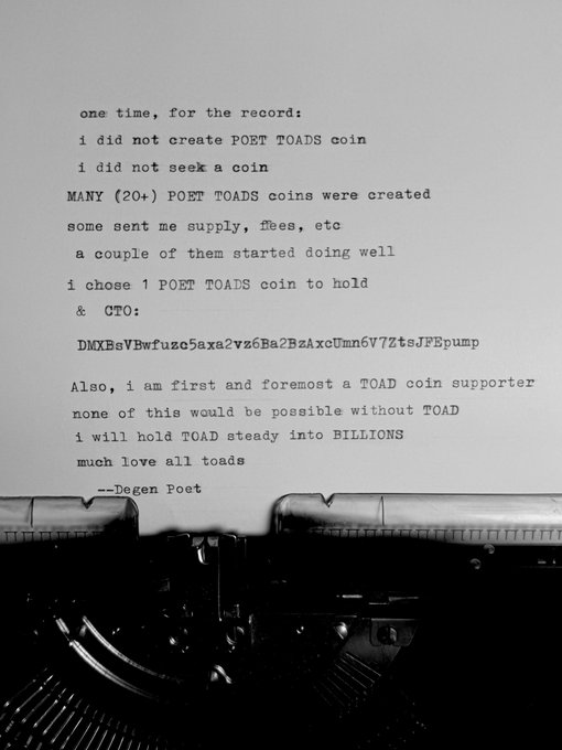 A typewritten statement on paper over a typewriter reads: 'one time, for the record: i did not create POET TOADS coin...' clarifying involvement with TOAD-related crypto projects, signed '--Degen Poet'.
