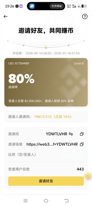 A Chinese mobile app referral page showing an 80% commission rate, UID 61764469, and an invitation code 'YDWTLVHR' with 443 invited users.