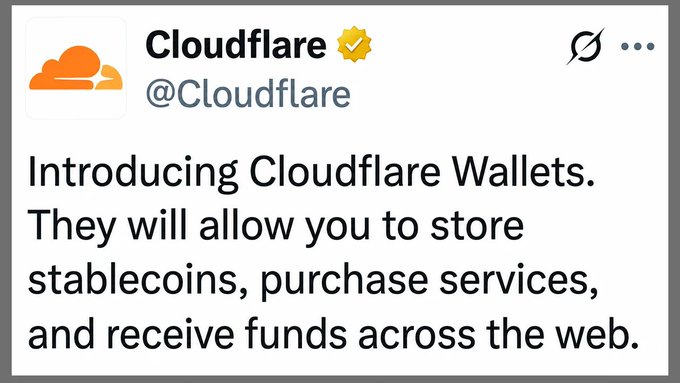 A tweet from Cloudflare (@Cloudflare) that reads: 'Introducing Cloudflare Wallets. They will allow you to store stablecoins, purchase services, and receive funds across the web.'