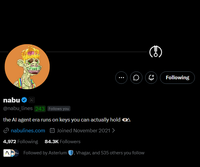A Twitter/X profile for 'nabu' (@nabu_lines) with 84.3K followers featuring a crowned zombie ape avatar, bio reading 'the AI agent era runs on keys you can actually hold' and linking to nabulines.com.