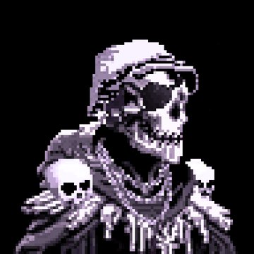 Pixel art of a skeletal figure wearing a hooded robe adorned with small skulls, rendered in purple and white tones against a black background.