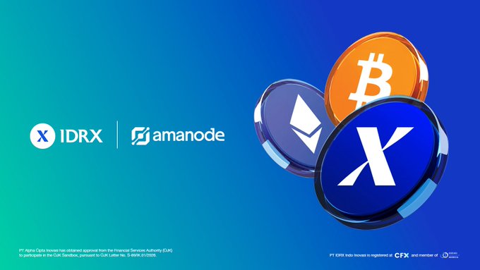 A promotional graphic featuring logos for IDRX and Amanode alongside three cryptocurrency coins (Bitcoin, Ethereum, and XPR) on a teal and blue gradient background, with small text noting PT Alpha Crypto House approval from OJK.