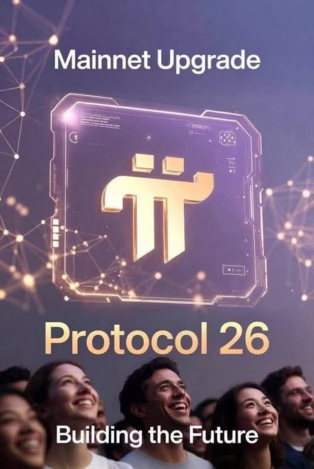 A promotional graphic for 'Pi Mainnet Upgrade - Protocol 26 - Building the Future,' featuring the Pi Network logo on a holographic chip with a diverse group of smiling people at the bottom.