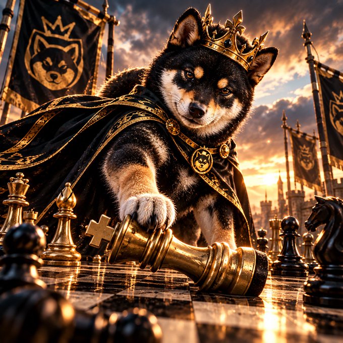 A digital artwork of a Shiba Inu dog wearing a golden crown and cape, standing over a fallen chess king on a chessboard.