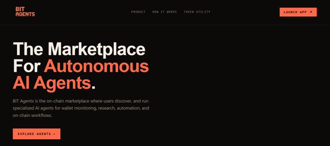 A website landing page for 'BIT AGENTS' with the headline 'The Marketplace For Autonomous AI Agents.' and an 'EXPLORE AGENTS' button.