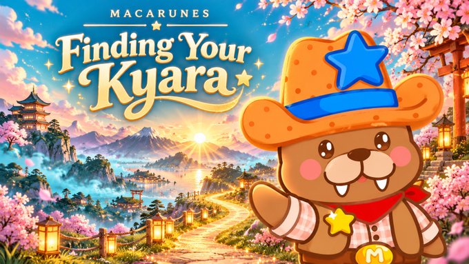 A colorful, anime-style banner for 'MACARUNES Finding Your Kyara' featuring a cute brown bear mascot wearing a star-decorated cowboy hat, set against a backdrop of cherry blossoms, mountains, and a traditional Japanese torii gate.