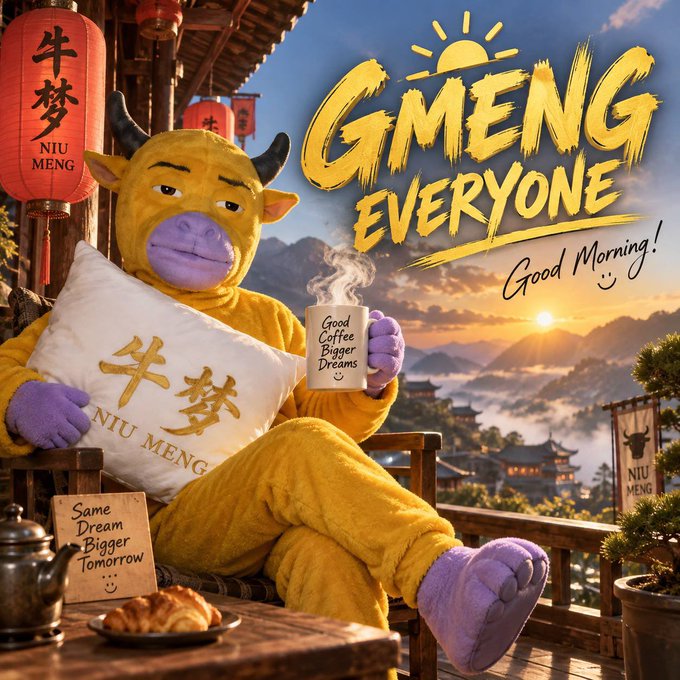 A promotional graphic featuring a yellow bull character in pajamas holding a 'Good Coffee Bigger Dreams' mug and a '牛梦 NIU MENG' pillow, with text 'GMENG EVERYONE Good Morning!' and 'Same Dream Bigger Tomorrow'.