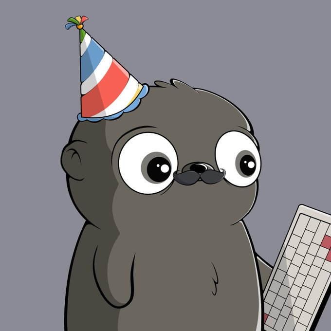 A cartoon mole character wearing a red, white, and blue striped party hat holds up a white keyboard with red accents, matching the "keyboard party fug" (a fun term for collectible character/figurine) mentioned in the post. The image is a custom illustration of the mascot from the Fugz project, celebrating a new member's onboarding.