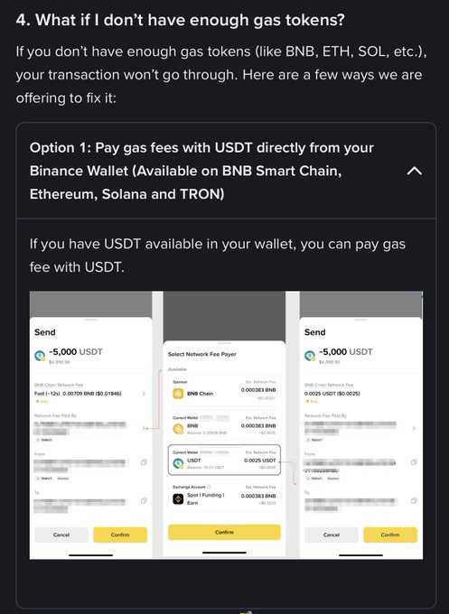 A screenshot showing the FAQ section "What if I don't have enough gas tokens?" explaining Option 1, which allows users to pay gas fees with USDT directly from their Binance Wallet on BNB Smart Chain, Ethereum, Solana, and TRON, with three mobile screenshots demonstrating the transaction process and network fee selection.