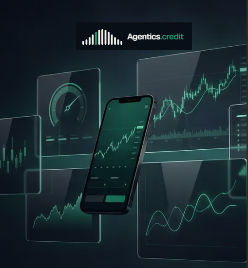 A digital illustration titled 'Agentics credit' displays a smartphone showing a financial chart against a backdrop of holographic trading screens with candlestick charts, gauges, and line graphs in teal and green tones.