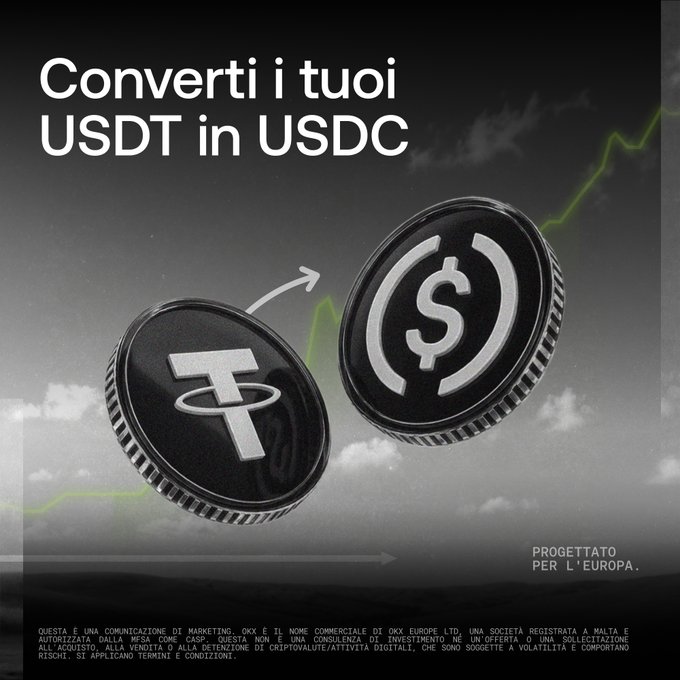 The image is a promotional graphic featuring two 3D-rendered coins—one displaying the Tether (USDT) logo and the other the USDC logo—with an arrow pointing from USDT to USDC, set against a cloudy sky background with an upward-trending chart. The headline reads "Converti i tuoi USDT in USDC," and the tagline "PROGETTATO PER L'EUROPA" appears in the corner, aligning with the post's message encouraging European users to convert their USDT to MiCA-compliant USDC on OKX.