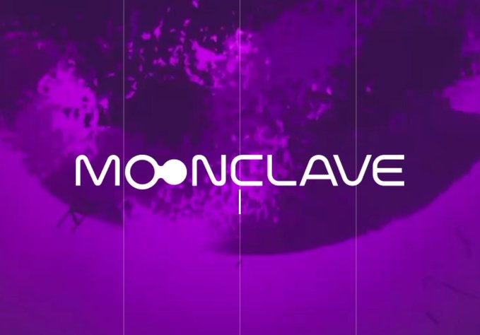 The image displays the "MOONCLAVE" logo in bold white letters, with a stylized design where the two O's are linked to form an infinity-like symbol, set against a vibrant purple cosmic background featuring a large moon. The post's text aligns with the imagery, referencing @themoonclave and the $MCV token, while highlighting the project's emphasis on community and longevity—visually reinforced by the moon and interconnected infinity symbol, which evoke themes of unity and lasting presence in the crypto space.